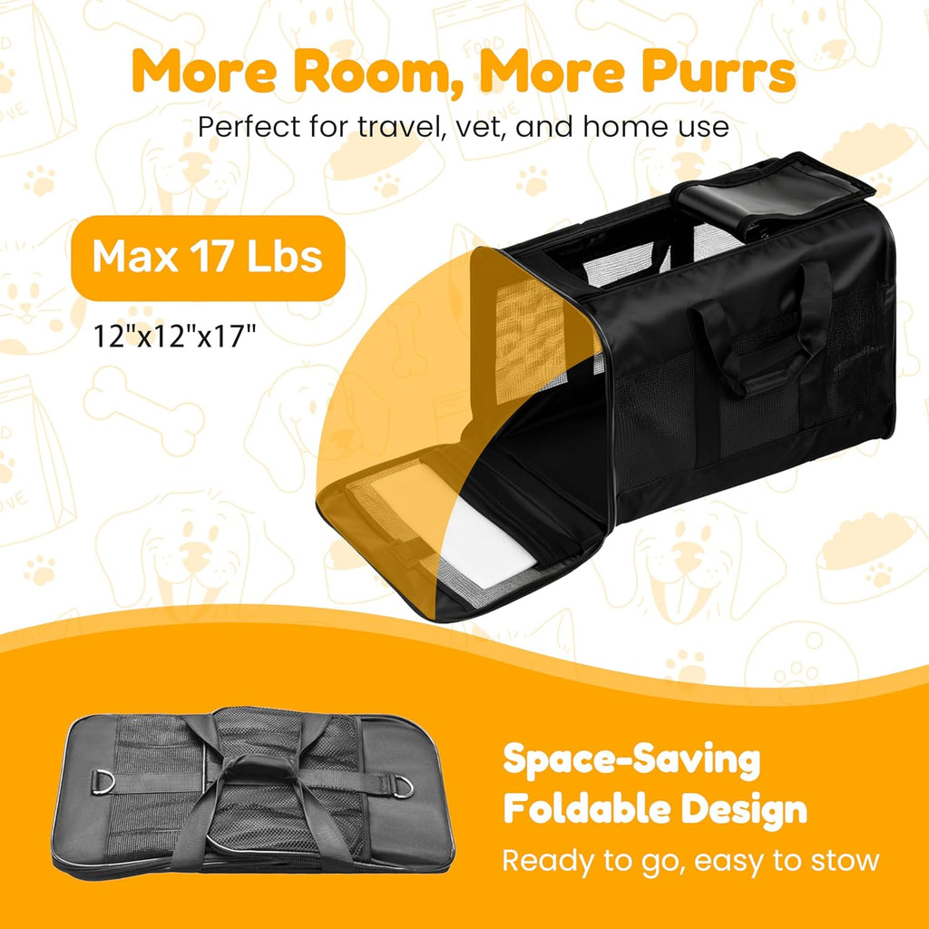 Soft-Sided Pet Travel Carrier for Cats & Small Dogs Collapsible & Durable · 17" x 12" x 12" · Up to 17 lbs · Black